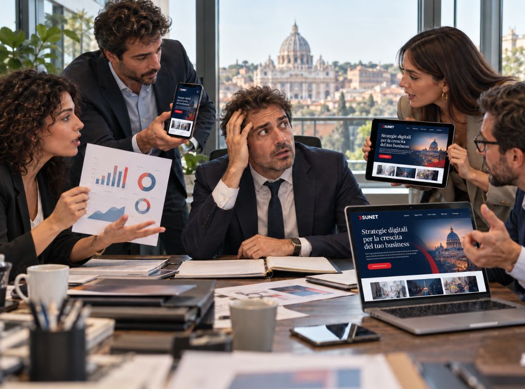 Riunione in un ufficio di Roma con vista su San Pietro: un imprenditore valuta le proposte di un’agenzia di digital marketing