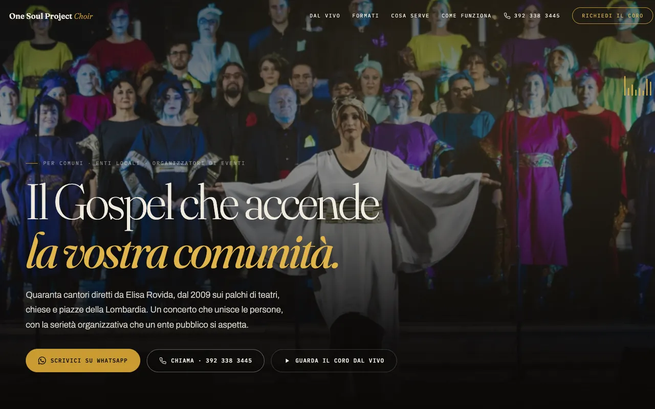 Anteprima della landing page One Soul Project Choir per organizzare un concerto gospel