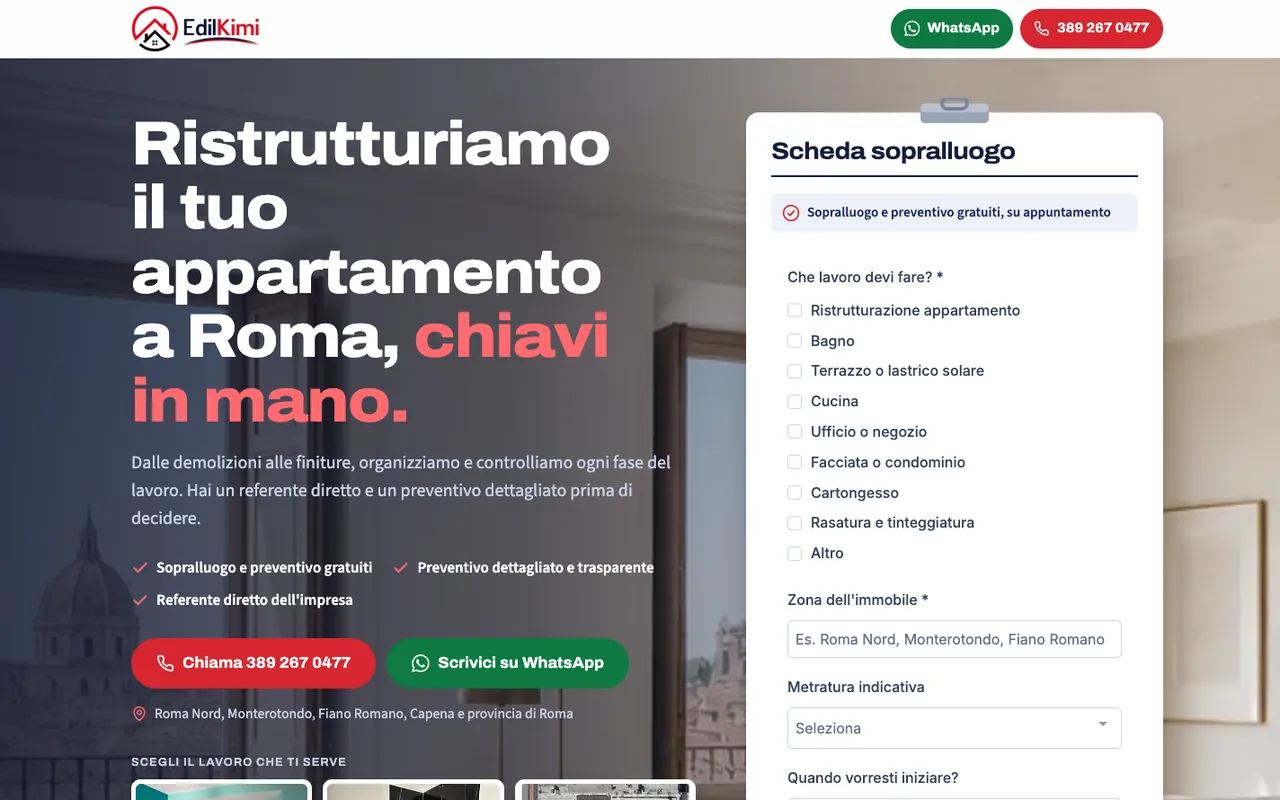Landing page Ristrutturo Casa Roma, versione desktop: titolo, vantaggi e scheda sopralluogo