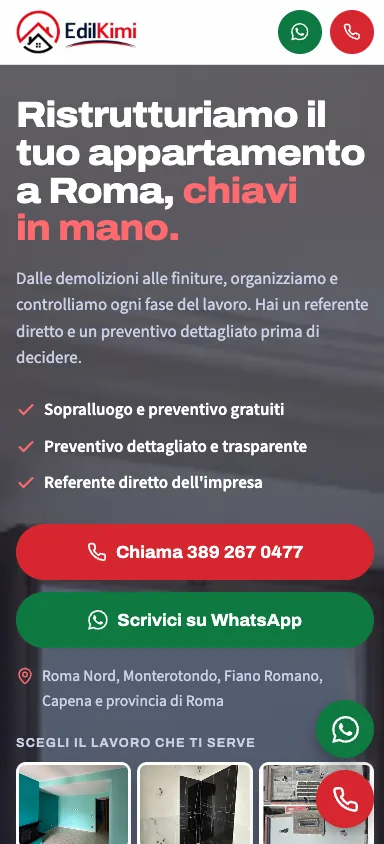 Landing page Ristrutturo Casa Roma, versione mobile con pulsanti chiama e WhatsApp