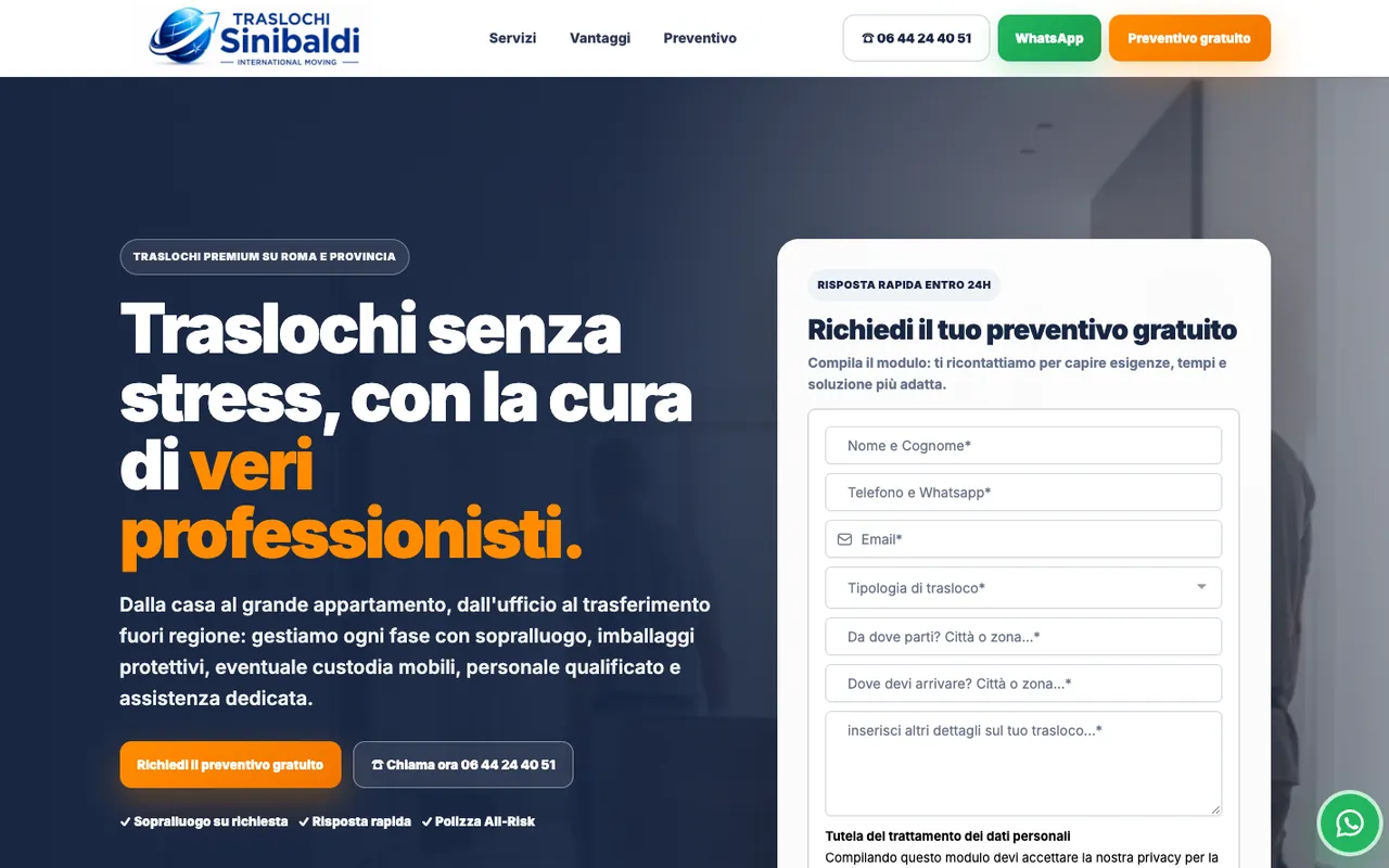 Anteprima della landing page Traslochi Sinibaldi con modulo di preventivo gratuito