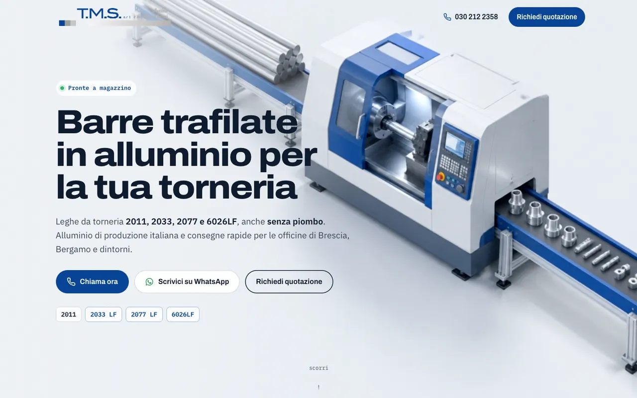 Anteprima della landing page TMS Metalli per barre trafilate in alluminio
